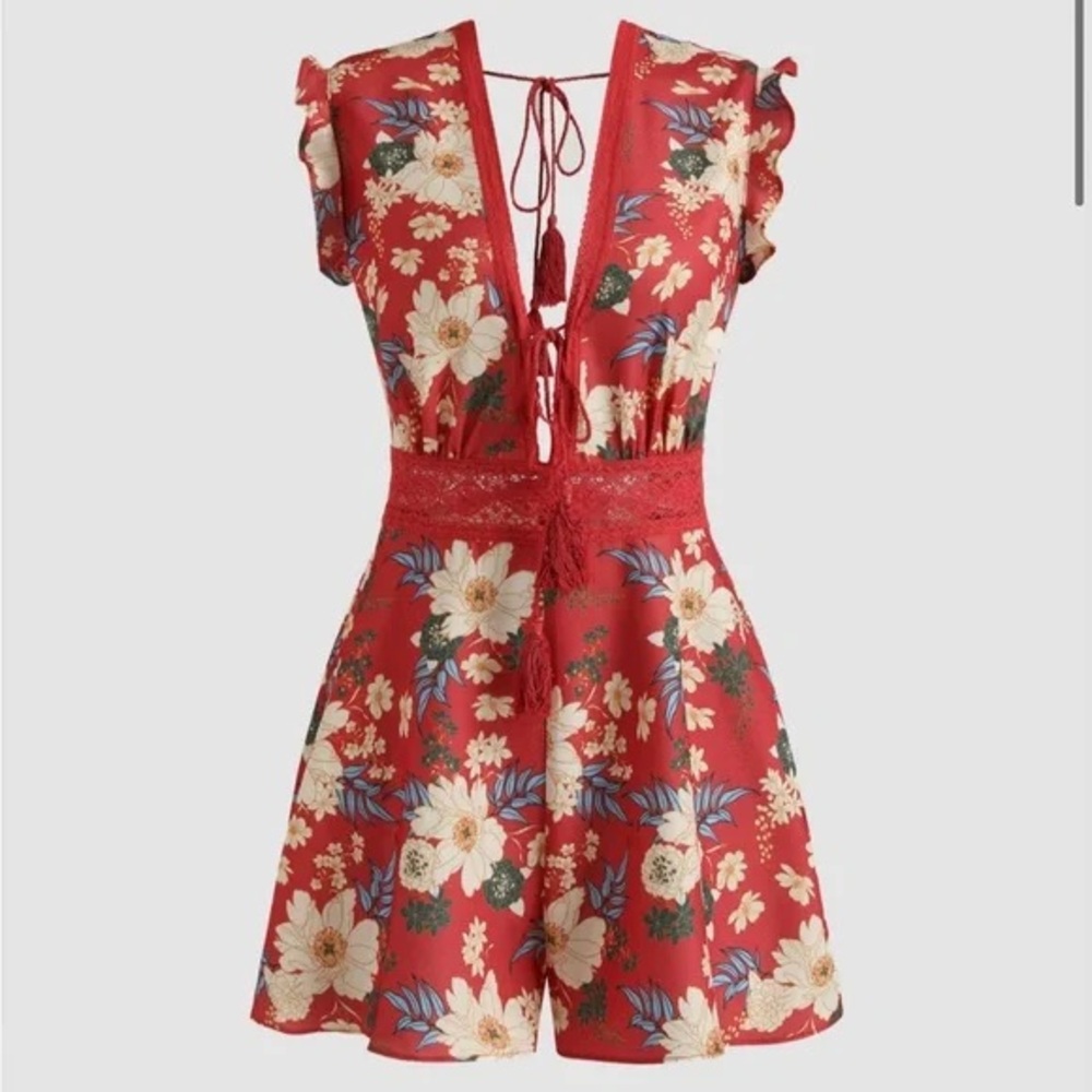 Cider Red Floral Romper with tassel ties and zipper